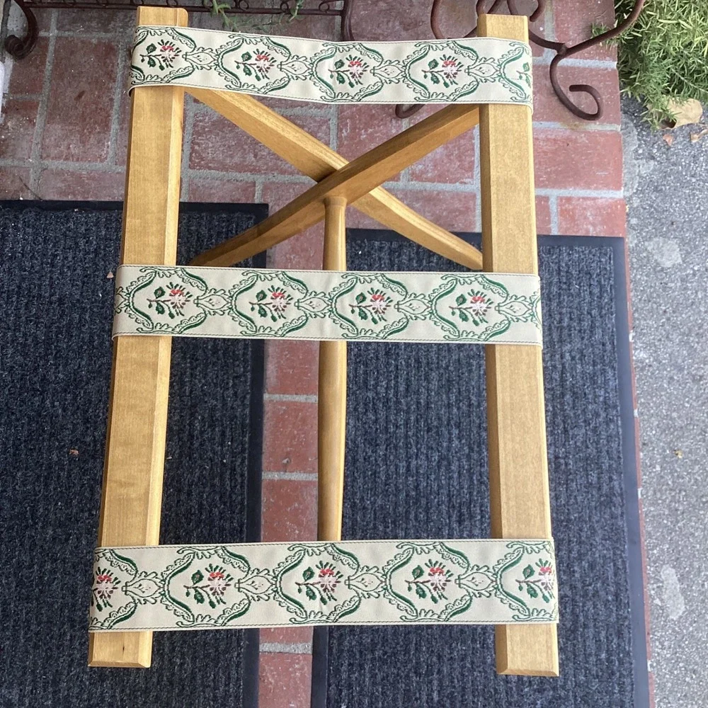 Vintage Wood Folding Luggage Rack Floral Tapestry Straps Natural Finish Stand
